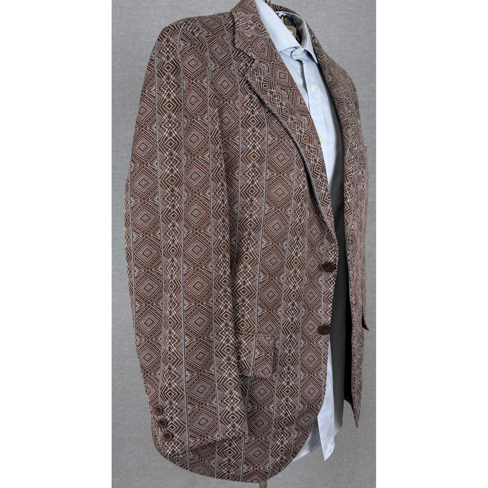 Vintage 70s Geometric Diamond Tapestry Blazer Brown White Sport Coat 40R
